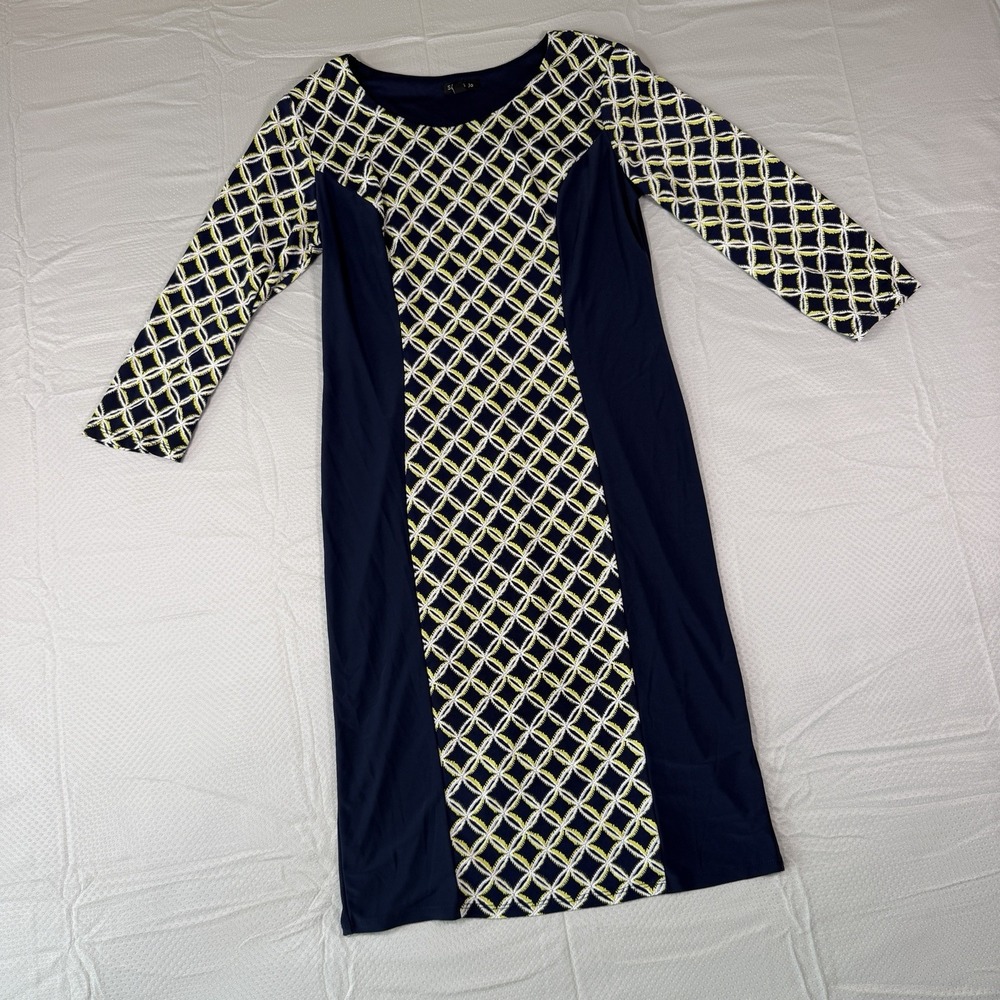 Sami & Jo Dress Womens Medium Navy Blue Geometric Graphic Sheath 3/4 Sleeve